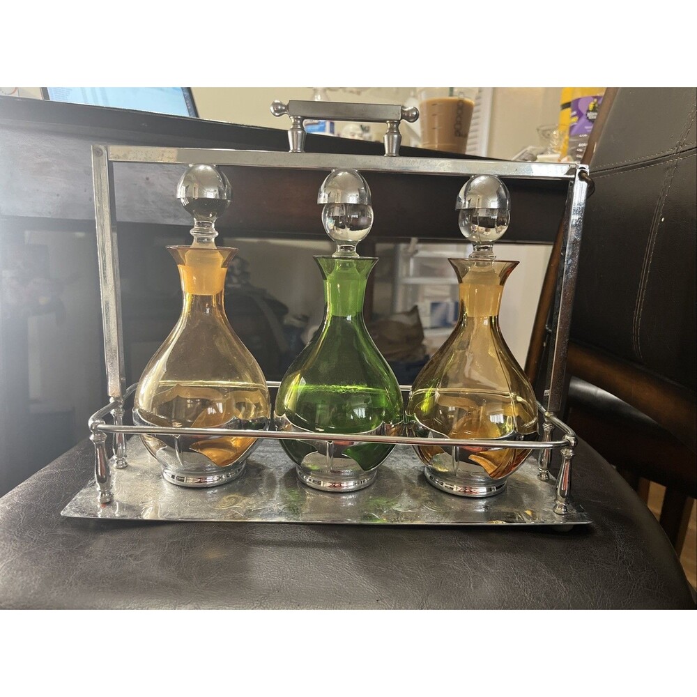 1932 Farber Bros Art Deco Chrome Cambridge Glass 3 Decanter Tantalus Chipped